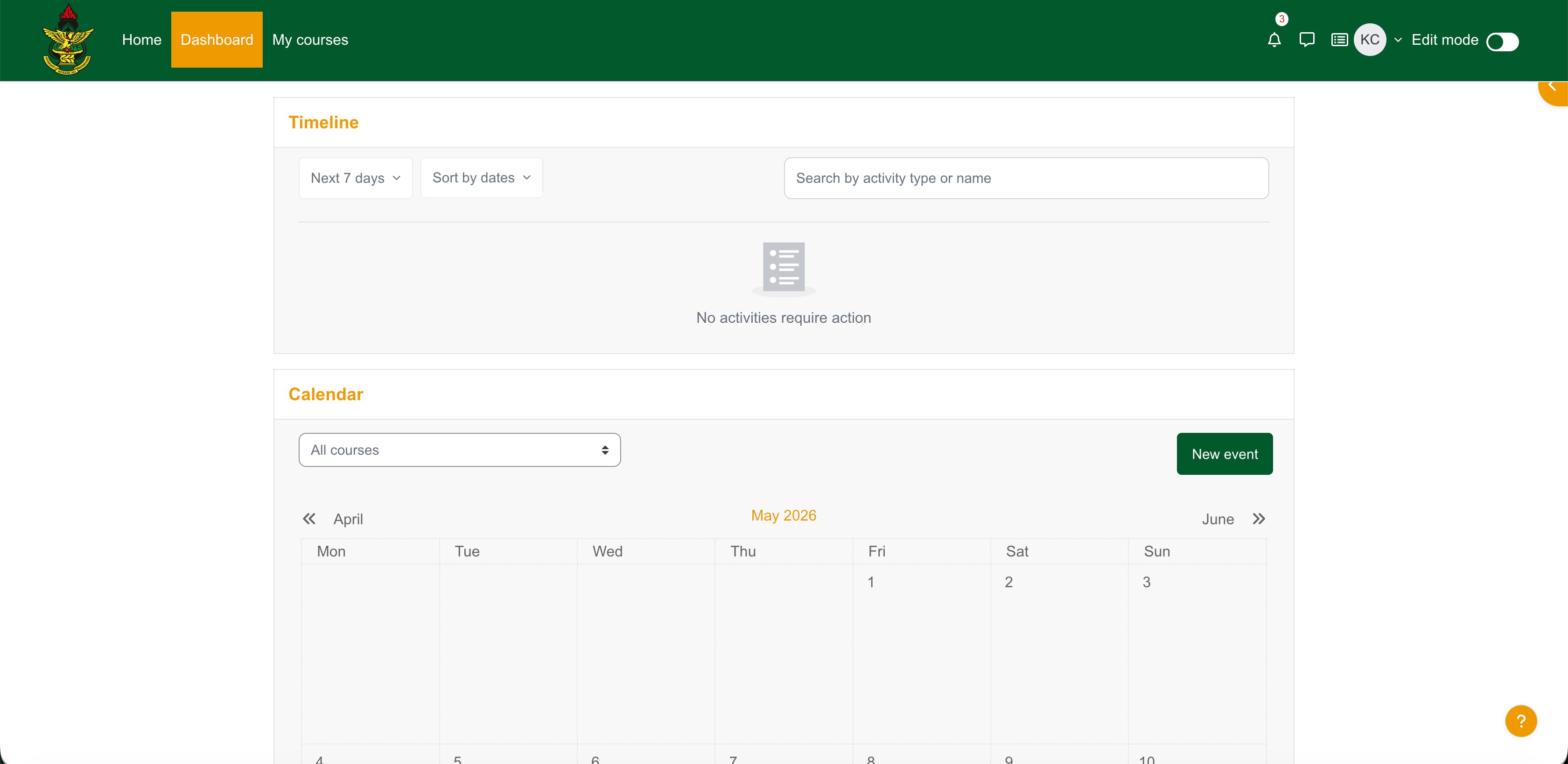 Dashboard with Timeline and Calendar