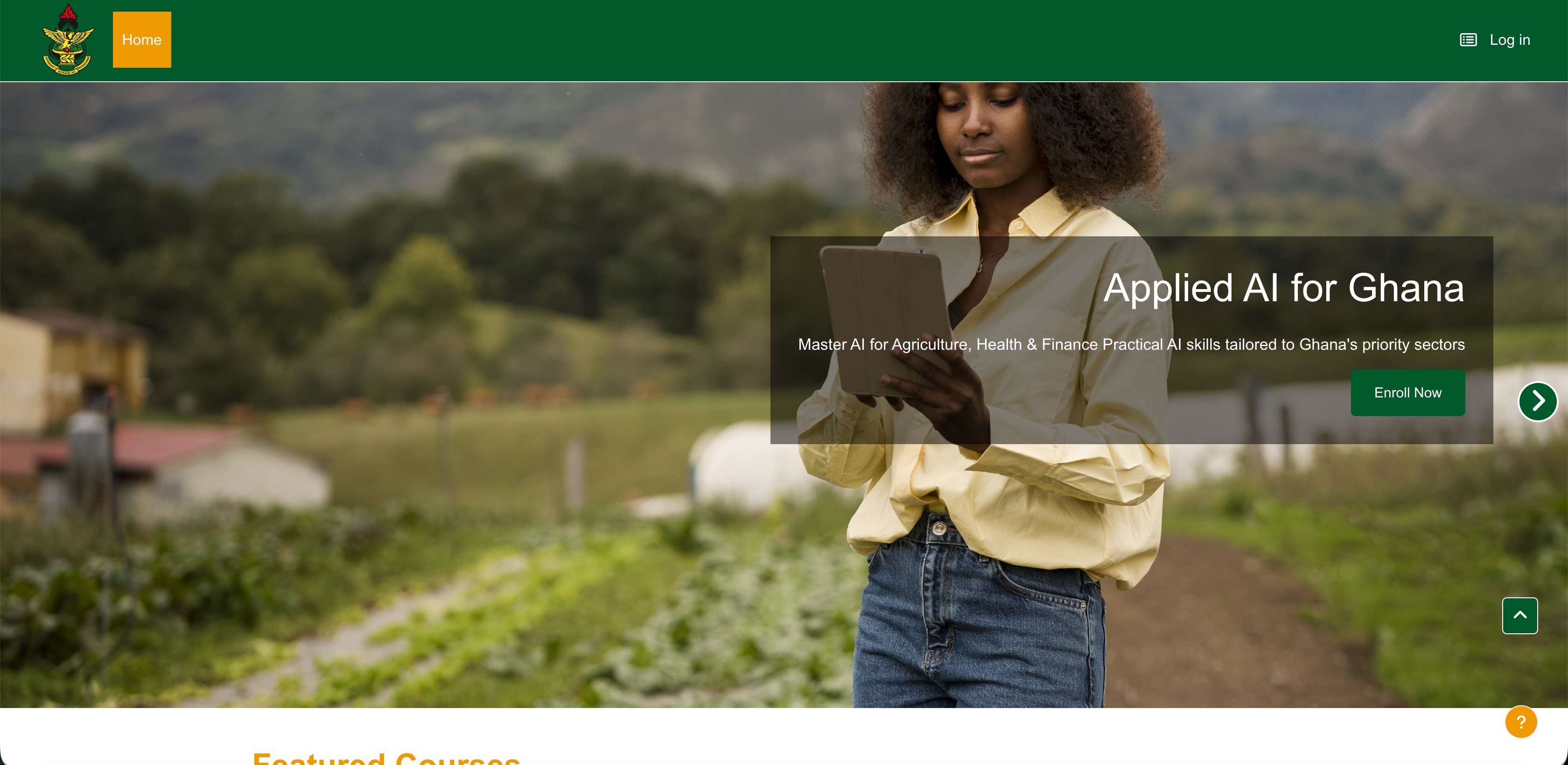 Course homepage with Log in button
