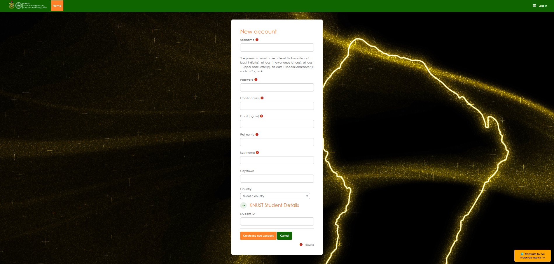 New account registration form